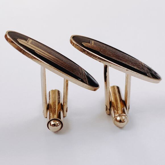 VTG Mid Century Black Cufflinks Tie Bar Chain 3-Piece Set Skyscraper Gold Tone - Picture 12 of 16